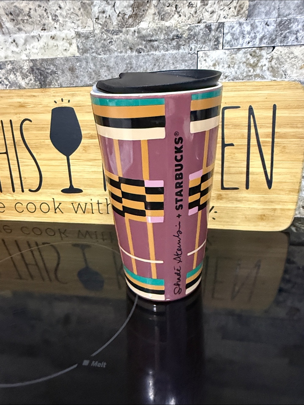 Starbucks Mauve Travel Tumbler with Black Lid and Teal & Gold Accents